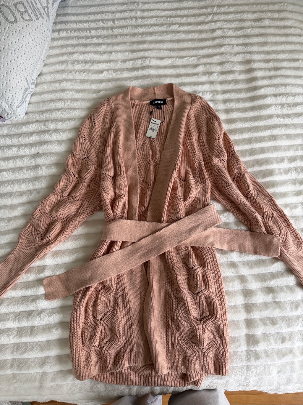 Express Dusty Peachy Pink Cable-Knit Belted Cardigan